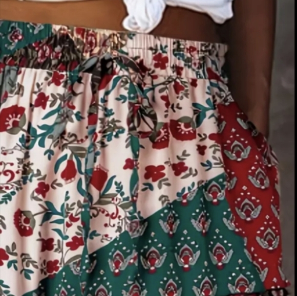 Bohemian Skirt With Pockets Long Green Red Brown Elastic Waist Boho Maxi Skirts - Picture 4 of 8